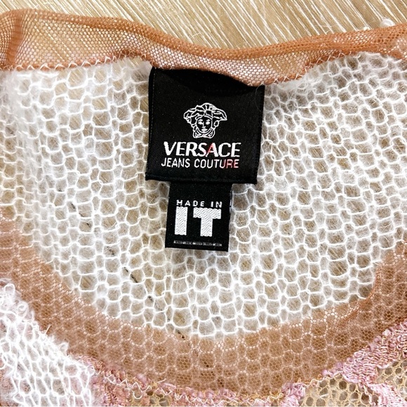 Versace Y2K Vintage Sheer Knit Lace Cream Rose Sweater – Size Medium - Picture 3 of 9
